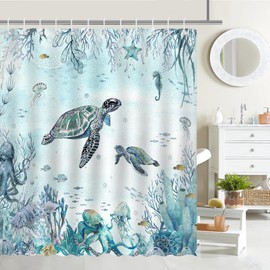 Mocsicka Sea Turtle Shower Curtain Teal Blue Ocean Beach Coastal Turtles Octopus Bathroom Shower Curtain Underwater Waterproof Fabric Bathtub Curtain Decor with 12 Hooks 72 X 72 Inches