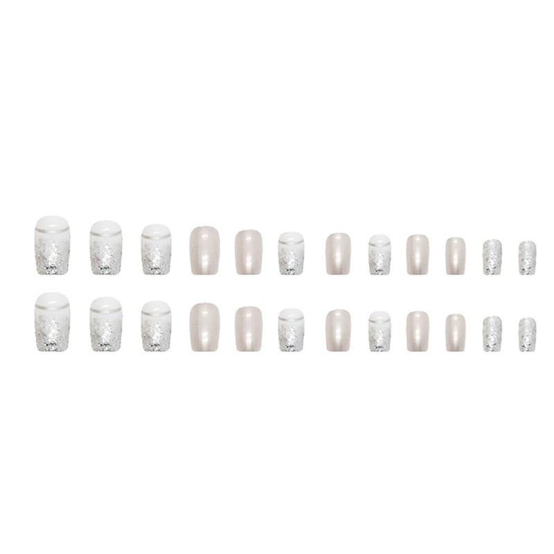 Clataly 24 Pcs Square Nail Silver Glitter Powder Fake Nails