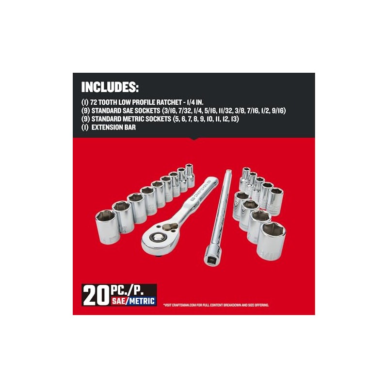 CRAFTSMAN Mechanics Tool Set, 1/4 Inch Drive, 20 Piece (CMMT12108)