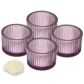 uxcell 4 Pcs Glass Tea Light Candle Holder, Round Ribbed Glass Votive Candle Holder for Table Centerpiece, Home Decor and Party Supplies(Purple)