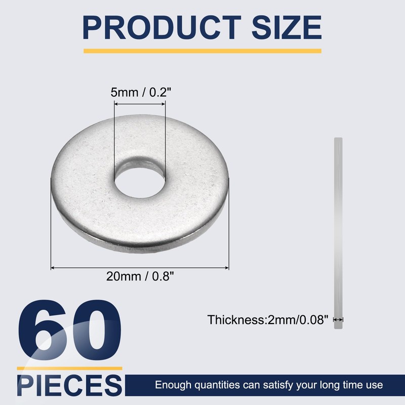 sourcing map M5 Flat Washer for Screw, 60Pcs Metal Washers