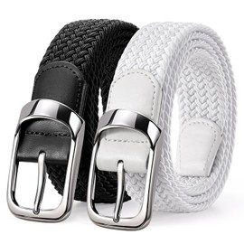 LEACOOLKEY 2 Pack Stretch Belts for Men Elastic Woven Braided Belt 1 3/8 Casual Golf Belt for Jeans Pants Black+White