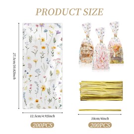 200 Pcs Wildflower Party Cellophane Treat Bags 10.8 x 4.9 inches Floral Candy Plastic Clear Goody Bags Flat Bottom Gift supplies for Baby Shower Bridal Shower Birthday Wedding Party Favors,