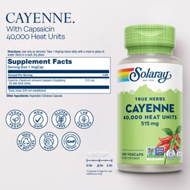 SOLARAY Cayenne Pepper 515 mg | 40,000 Heat Unit | Healthy Digestion, Circulation, Metabolism & Cardiovascular Support | Non-GMO | 100 VegCaps
