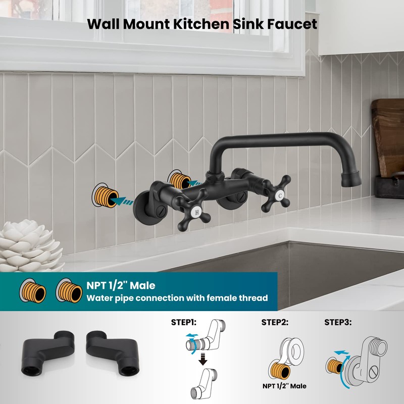 gotonovo Wall Mount Kitchen Sink Faucet Double Cross Handle Commercial