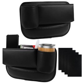 2 Pack car Leather Cup Holder Gap Bag, 3.2 inch Cup Holder car seat Gap Filler Organizer, for Storing Mobile Phones, Keys, Sunglasses, Cards, Comes with Anti-Slip pad(Driver + Passenger, Black)
