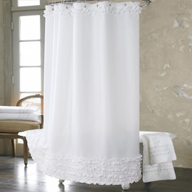 BESTRIPES Ruffle Stall Shower Curtain, White Fabric Narrow Shower Curtain with Handmade Ruffles, Farmhouse Chic Bath Small Curtains, 54" W x 72" H