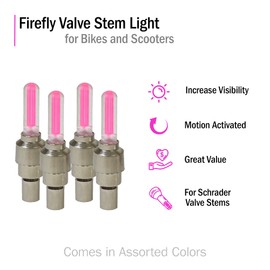AlveyTech Pink LED Firefly Valve Stem Light Set - for Kids Mini Dirt Bikes and Scooters, ATV, 4-Wheel Quad, Mod E-Bike Lights, Car, Gas/Electric Scooter Accessories, Bicycle Spoke Tire Caps 4-Pack