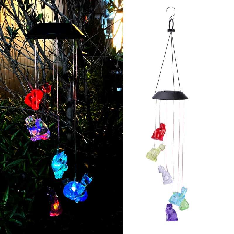 Solar Cat Wind Chimes, 6 LED Cat Memorial Wind Chimes