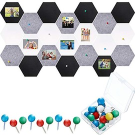 21 Pieces Pin Board Hexagon Felt Board Tiles Bulletin Board Memo Board Notice Board with 40 Pieces Push Pins for Home Office Classroom Wall Decor 5.9 x 7 Inches/ 15 x 17.7 cm (Black, White, Grey)