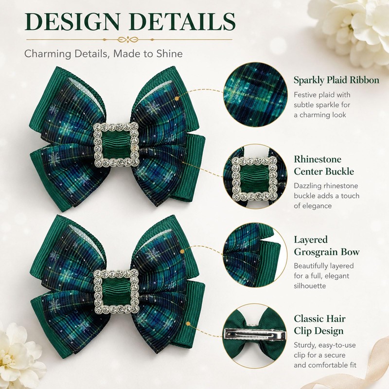 Green Plaid Hair Bows 2Pcs Christmas Rhinestone Square Clip