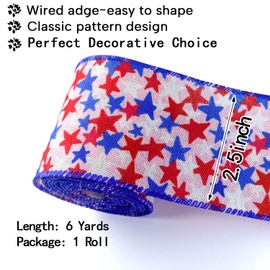 HIENAJ 2.5Inch 6 Yard Red White Blue Patriotic Ribbon Floral Ribbon Star and Striped Wired Ribbon for 4th of July, Independence Day, Memorial Day, Wreath Making DIY Crafts, American Flag Ribbon