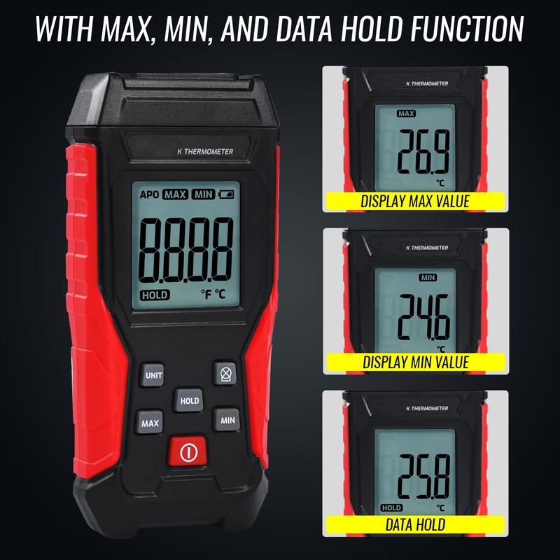Digital K Type Thermometer with Two Thermocouple Probes, -328°F~2501°F Single