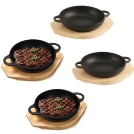 4 Sets Mini Cast Iron Skillet with Wooden Base Small Round Cast Iron Pan 6.1 Inch Sizzler Plates Skillet Fajita Plate Hot Steak Skillet Dish for Baking Cooking