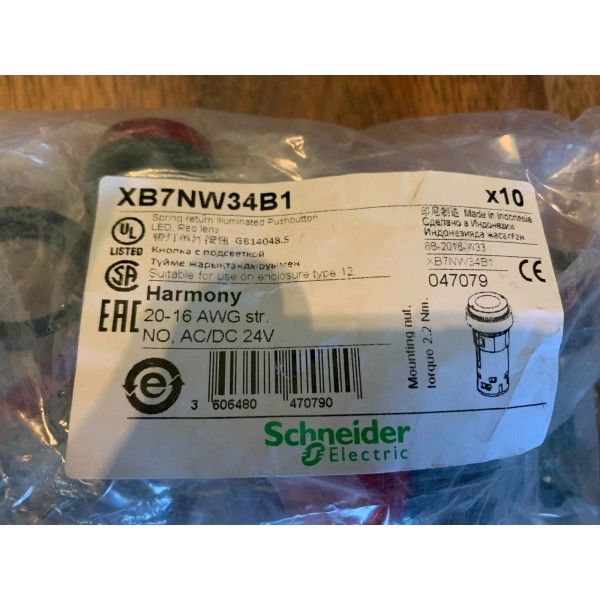 SCHNEIDER ELECTRIC XB7NW34B1 Monolithic Illuminated P.B. RED LED 24VAC/DC 22mm