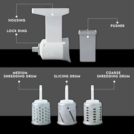 Family Grain Mill Slicer Shredder Attachment for KitchenAid, Includes 3 Stainless Steel Drums All-in-1 Fruit Slicer, Vegetable Chopper, and Cheese Grater