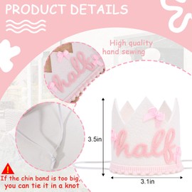 LINLULU Pink Bow Half Birthday Crown - White and Pink 1/2 Birthday Hat for Girls, Bow Theme 6 Months Decorations