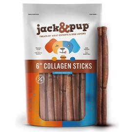 Jack&Pup 6" Beef Collagen Sticks for Dogs | Rawhide Free Dog Chews Long Lasting | Single Ingredient Healthy Dog Treats for Medium Dogs | Bully Stick Alternative (4 Pack)