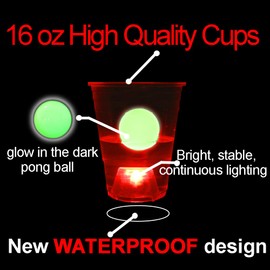 Glow in The Dark Beverage Pong Set-Light Up Party Cups for Indoor Outdoor Competitive Fun, 22 Glowing Cups(11 Reds &11 Blues), 6 Glowing Pongs