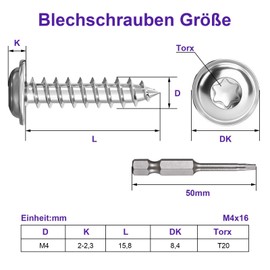 Dayalo Pack of 30 Tapping Screws Torx M4 x 16 mm, Tapping Screws Stainless Steel A2 V2A, Pan Head Screws Wood, Self-Tapping Screws with Washer, with Screwdriver Bit, Full Thread