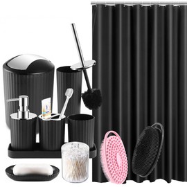 Bathroom Accessories Set, 12Pcs Black Accessory Sets with Body Scrubber, Shower Curtain, Trash Can, Toilet Brush & Holder, Soap Dispenser & Dish, Toothbrush Holder & Cup, Tray, Qtip Holder
