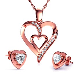 DEPHINI - Rose Gold Pendant & Heart Earrings SET - 925 Sterling Silver Necklaces and studs - CZ Crystal Studs & Pendant - 18" Rhodium Plated Silver Chain