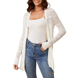 Spicy Sandia Women Lightweight Crochet Cardigan Open Front Long Sleeve Pointelle Summer Sweater 2024 Spring Trendy White L