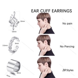 Milacolato 20Pcs Adjustable Ear Cuffs Earrings Set for Women Stainless Steel Non-Piercing Cartilage Clip On Wrap Earring Set Silver