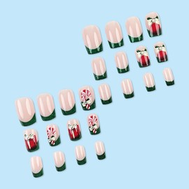 Christmas Press on Nails Square Fake Nails Glitter Green False Nails with Designs French Tip Nails Press on Acrylic Nails Christmas Gift Glue on Nails Short Stick on Nails for Women Christmas Decor