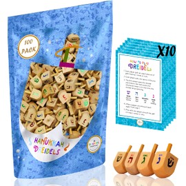 Natural Wood Dreidels Hanukkah Draydel with English Transliteration & Instruction Cards (100-Pack)