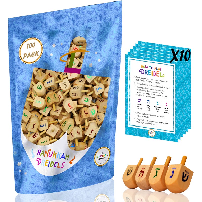 Natural Wood Dreidels Hanukkah Draydel with English Transliteration & Instruction