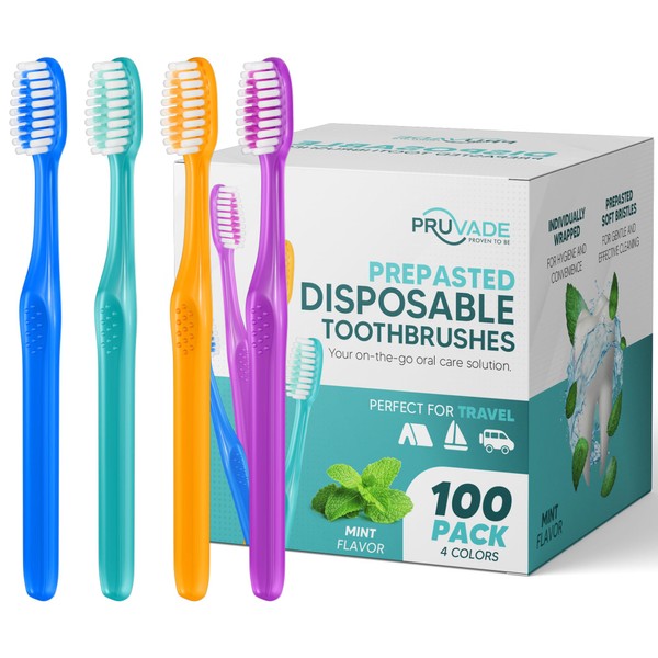 Pruvade 100 Pack Disposable Toothbrushes with Toothpaste Built in |