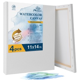 PHOENIX Professional Stretched Watercolor Canvas - 11x14 Inch/4 Pack, 100% Cotton Water Color Canvases for Painting, 8 Oz. / 260g White Blank Medium Texture Canvas for Water Based Paints