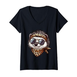 Womens Hedgehog Wearing Leopard Scarf Animal Wearing Sunglasses V-Neck T-Shirt