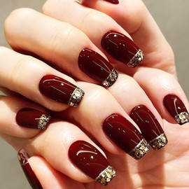 24Pcs Medium Coffin Dark Red Acrylic False Nails Valentines Press on Nails Gold French Tips Stick on Nails Glossy Gold Glitter Fake Nails Romantic Valentines Gel Glue on Nails for Women Girls