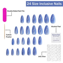 Light Blue Press On Nails - Medium Almond Shaped, Glossy Reusable False Nails, 24 Pcs
