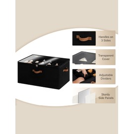 StorageWorks Shoe Organizer for Closet, Extra Large Fabric Shoe Storage Bins with Clear Cover, Adjustable Dividers for Shoe Storage, Black, 1-Pack, Fits up to 24 Pairs