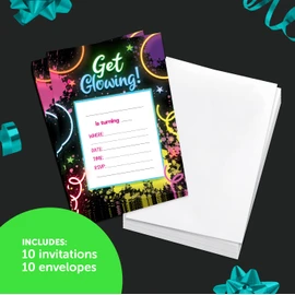 Neon Happy Birthday Invitations Invite Cards (10 Count) With Envelopes Boys Girls Kids Party (10ct)