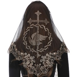 Bozidol Church Mantilla Catholic Veil: Holy Spirit Cross Dove Embroidered Lace Chapel Veils Latin Mass Head Coverings for Women