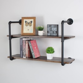 MBQQ Industrial Retro Pipe Shelf 36in 2 Tier Wall Mounted,Rustic Floating Shelves,Farmhouse Kitchen Bar Shelving,Home Decor Book Shelves,DIY Bookshelf Hanging Wall Shelves,Black