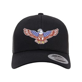 Adjustable Black Structured Trucker USA Bald Eagle Stars & Stripes Flag Patriotic Structured Trucker Cap