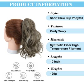 10 Inch Short Ponytail Extension, Claw Clip in Ponytail Hair Extensions Curly Wavy Ponytail Extensions Synthetic Hairpieces for Women - Light Brown with Golden Highlights