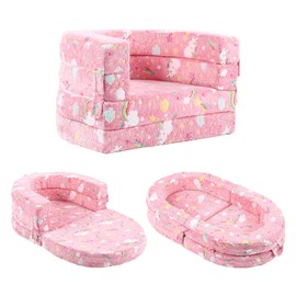 Tiita 3-in-1 Kids Sofa Bed, Comfy Couch Plush Toddler Chair Bed, Convertible Toddler Travel Beds, Folding Kids Couch with Washable Cover Carrying Handle for Girls and Boys