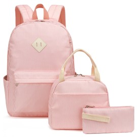 Lrenagao School Backpack for Girls, 3PCS Bookbags Set with Lunch Box Pencil Pouch Elementary Middle School Bag Laptop Back Packs (Stripes Pink)