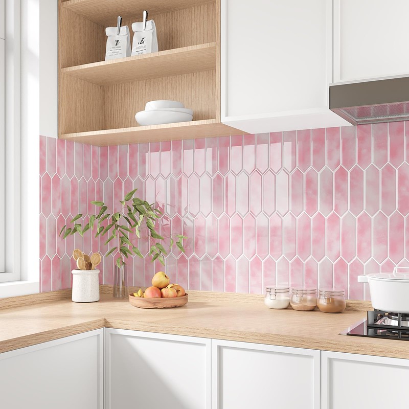 VEELIKE Pink Peel and Stick Backsplash Long Hexagon Self Adhesive