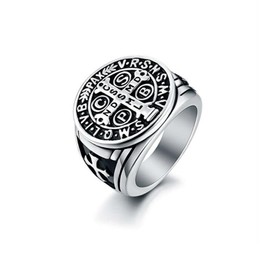 Ticome Vintage Mens CSBP Ring,St Benedict Exorcism Stainless Steel Rings,Exorcism Saint Benedict Ring Medalla de San Benito Cross Jewellery Protection Religious Gifts for Men,Size 8(Silver)