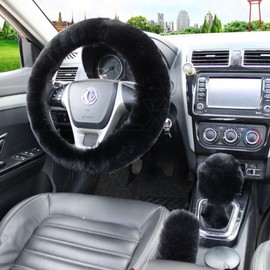 Womens Winter Fashion Wool Fur Steering Wheel Covers 3Pcs Set, Soft Fluffy Handbrake Cover Fluff Gear Shift Cover Plush Fuzz Warm Non-Slip Car Decoration Short Hair (Black, 15 icnh)