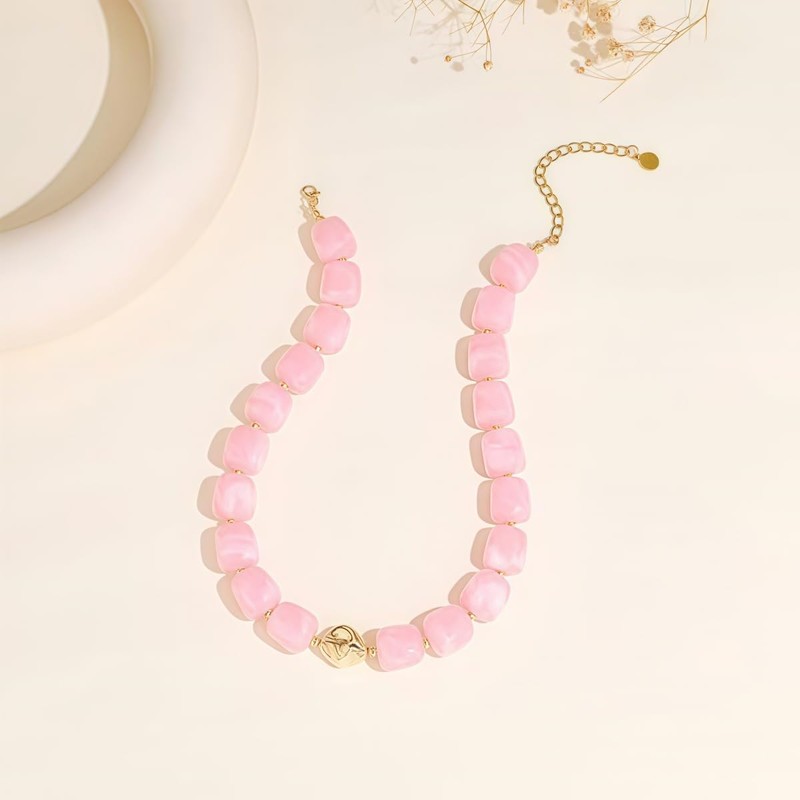 Hanfluenve Chunky Beaded Necklace for Women Boho Pink Acrylic Choker