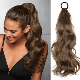 Rosooi Portable Ponytail Extensions for Women Synthetic Brown Short Wavy Ponytail Extensions for Daily Party Use