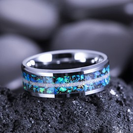 THREE KEYS JEWELRY Mens Galaxy Rings 8mm Unique Tungsten Carbide Ring Colourful Opal Foil Flat Wedding Band Gifts Bands Rings for Men Silver Size 8